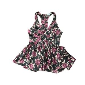 Black Racerback Crop Top with Pink Floral Print